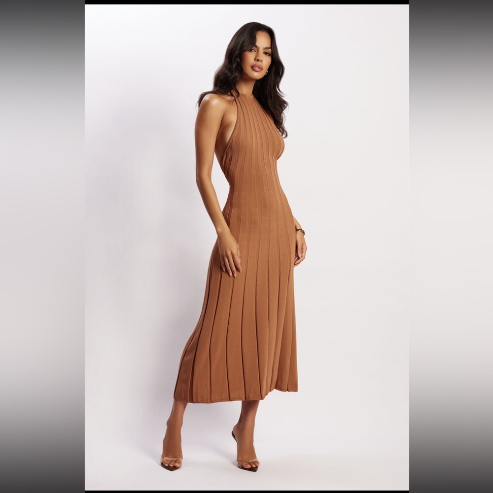 Meshki Adrienne Halter Neck Midi Dress - Tan